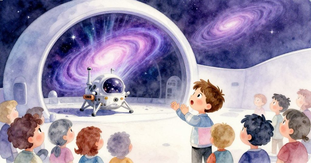 Milo與眾人驚喜凝望紫光星團,銀月艙映出奇幻極光,劇院空間展現溫暖團結感。