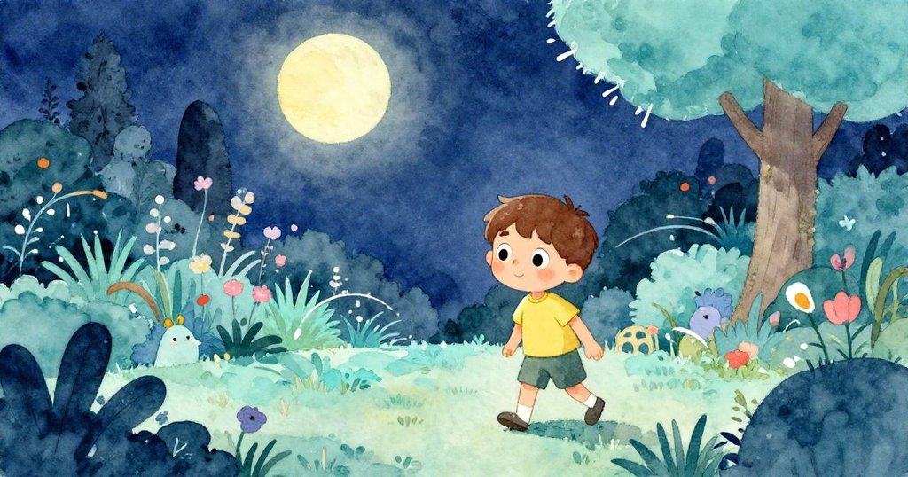 月光映照下，本走入寧靜花園，背景有小樹和閃爍露珠，臉上展現期待與平和之情。