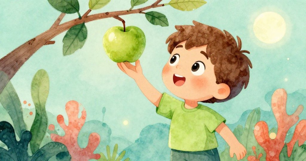 月光下，本伸手向樹上綠蘋果，臉上流露出驚奇與期待，背景隱約可見樹枝和柔光。