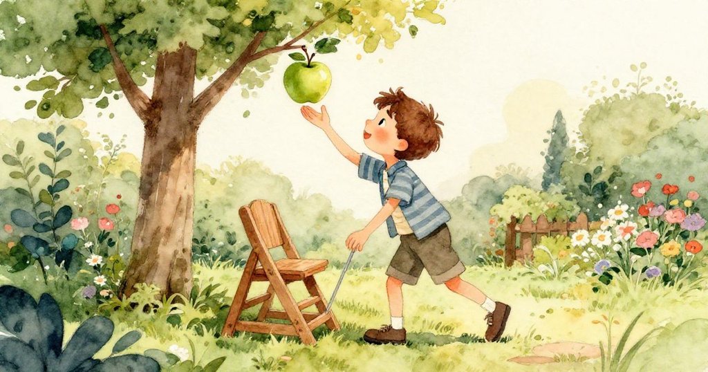 斜角視角中，本的手停在樹枝下，貓兒從上方調皮現身，畫面動感十足呈現童趣情景。