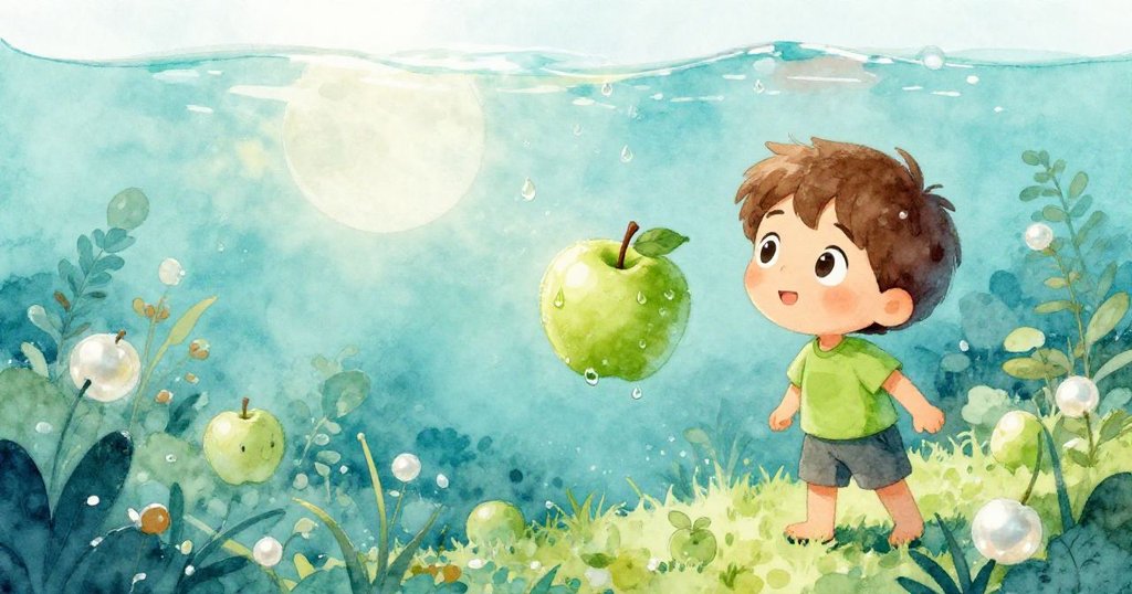 夢幻花園中，露珠如水般反射月光，本伸手捕捉落蘋果，畫面呈現柔和、夢境般的朦朧效果。