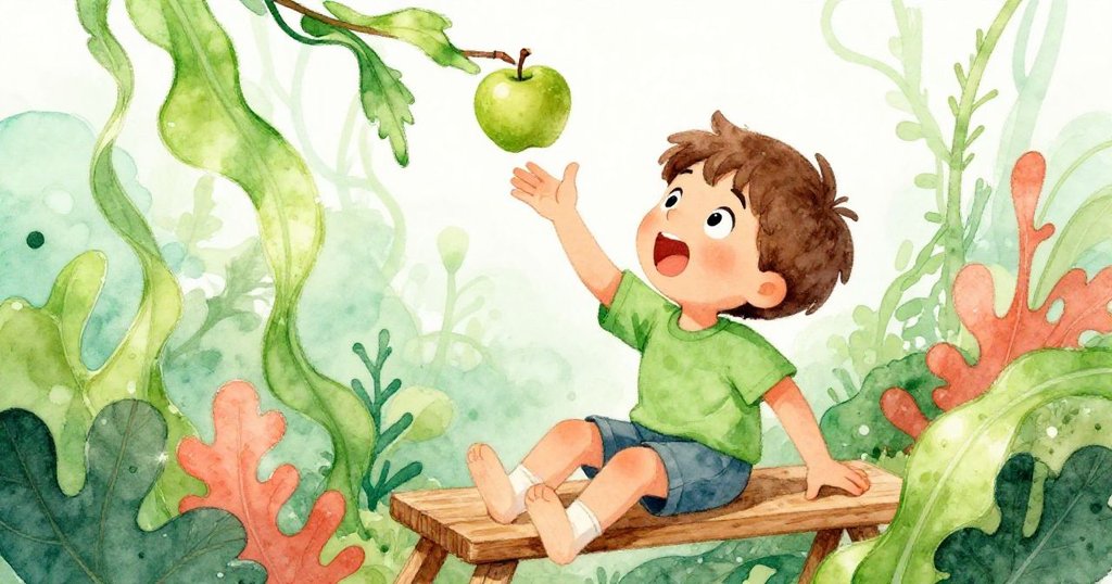 月光下，本奮力爬上木凳伸手抓取蘋果，枝葉輕觸指尖呈現一刻緊張卻溫柔的奮鬥情景。