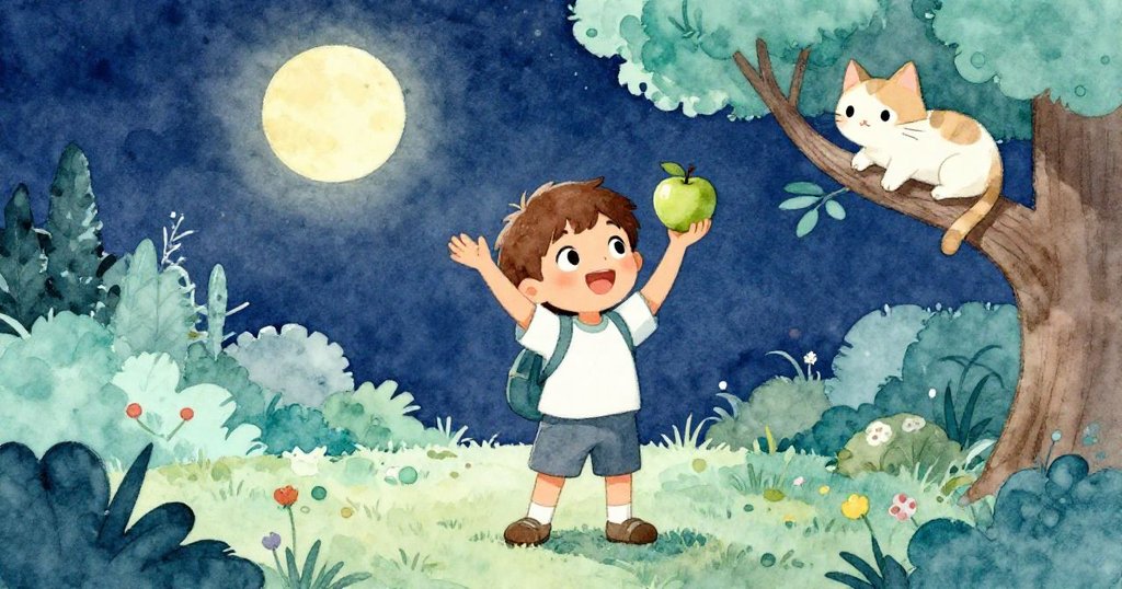 月夜中，本高舉綠蘋果展現勝利，貓兒寧靜守望枝頭，庭園靜謐中傳遞共享喜悅與圓滿結局。