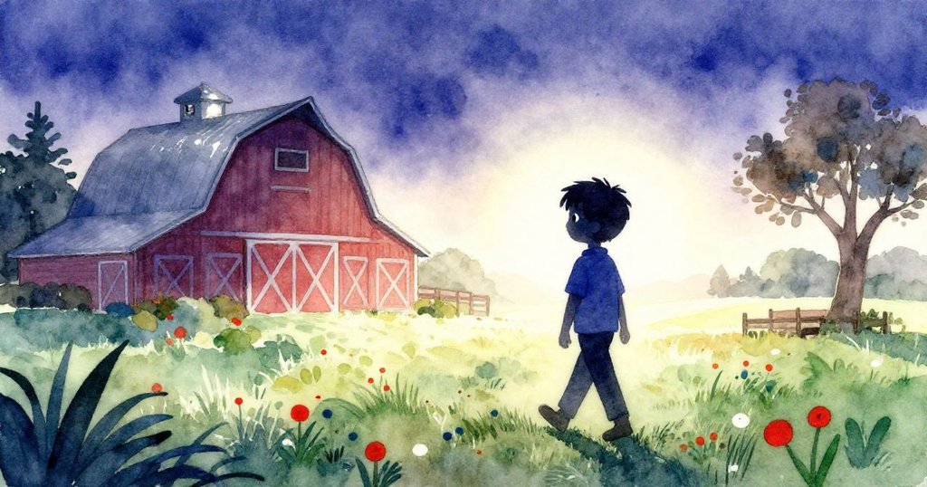 萊歐在鄉村農場庭院裡行走，晨光映襯出他的剪影，他滿懷期待走向穀倉，背景充滿柔和色彩。