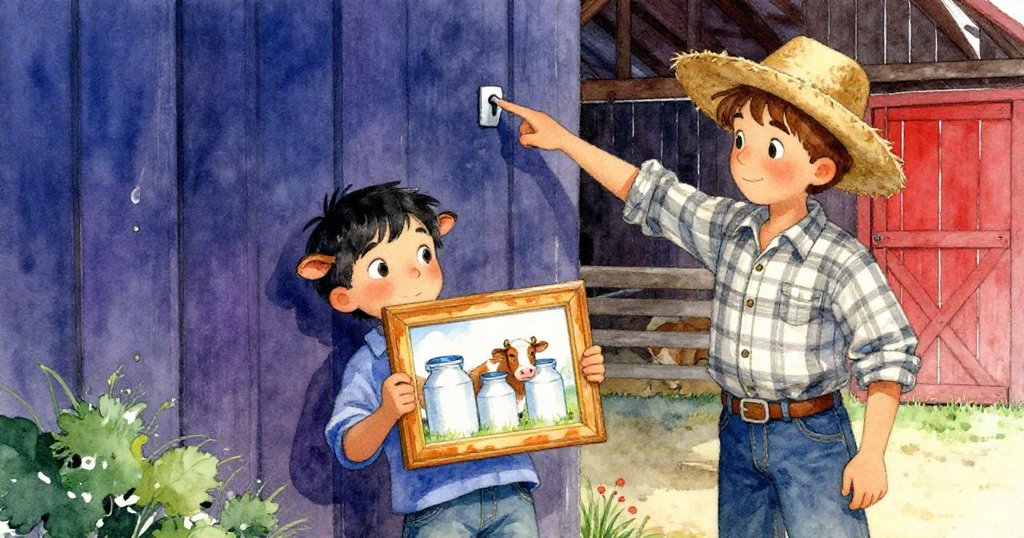 萊歐手持鮮豔畫框，畫中呈現奶罐與乳牛，蕭農溫柔指示掛釘位置，穀倉內充滿溫暖氣息。