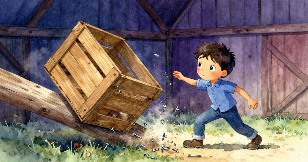 萊歐攀登木箱時，木箱傾斜釘子四散飛揚，塵土微起，動感場面中透露著一絲意外。