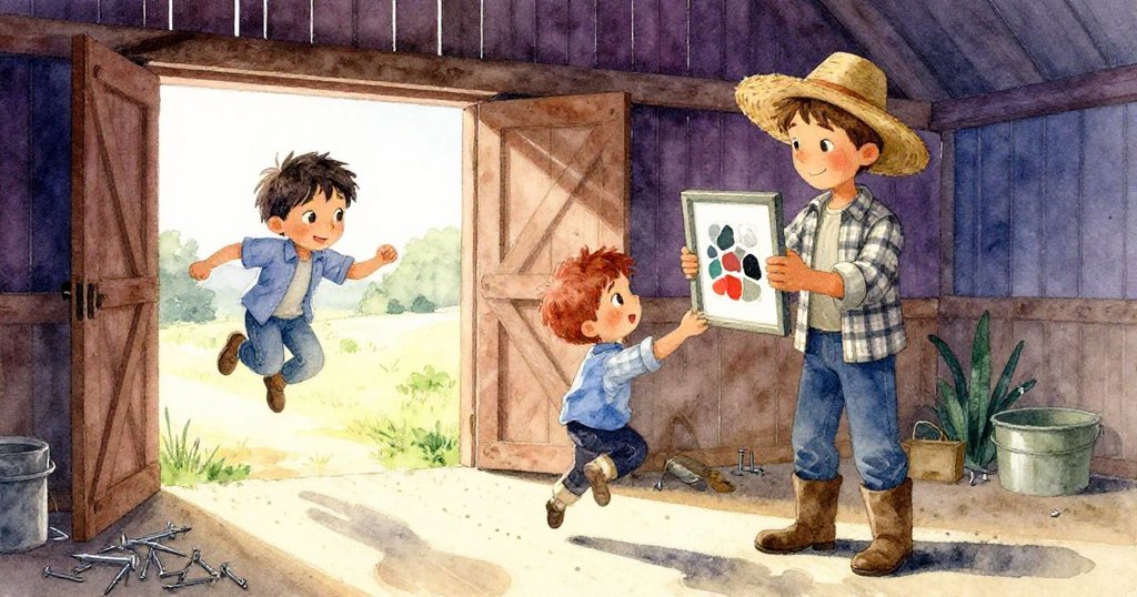 穀倉門大開，溫暖陽光灑滿地板上滾動的釘子，萊歐跳下木箱，蕭農趕來穩住畫框，氛圍轉向平和。