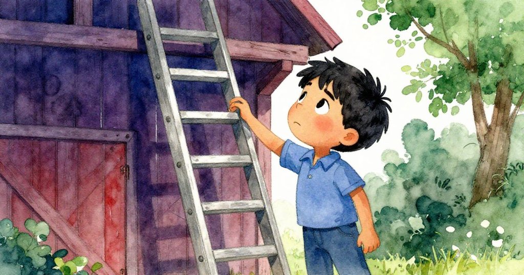 萊歐凝視著高懸的釘子與梯子，面露猶豫與決心，在穀倉角落呈現他關鍵抉擇的瞬間。