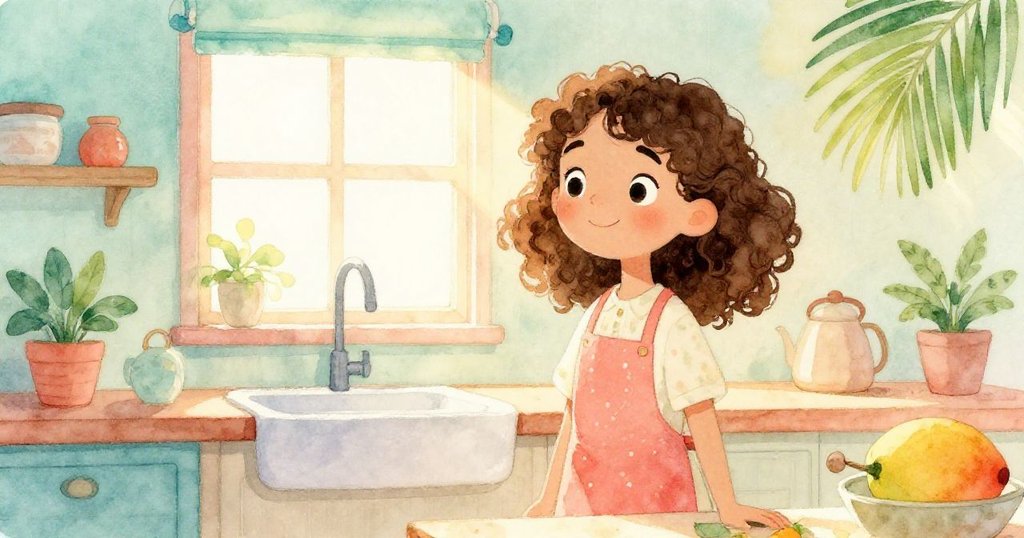 索菲亞在廚房窗邊忙碌，她的輪廓映襯著明亮日光，計劃中準備蜜糖光澤，溫暖廚房展開故事起始。