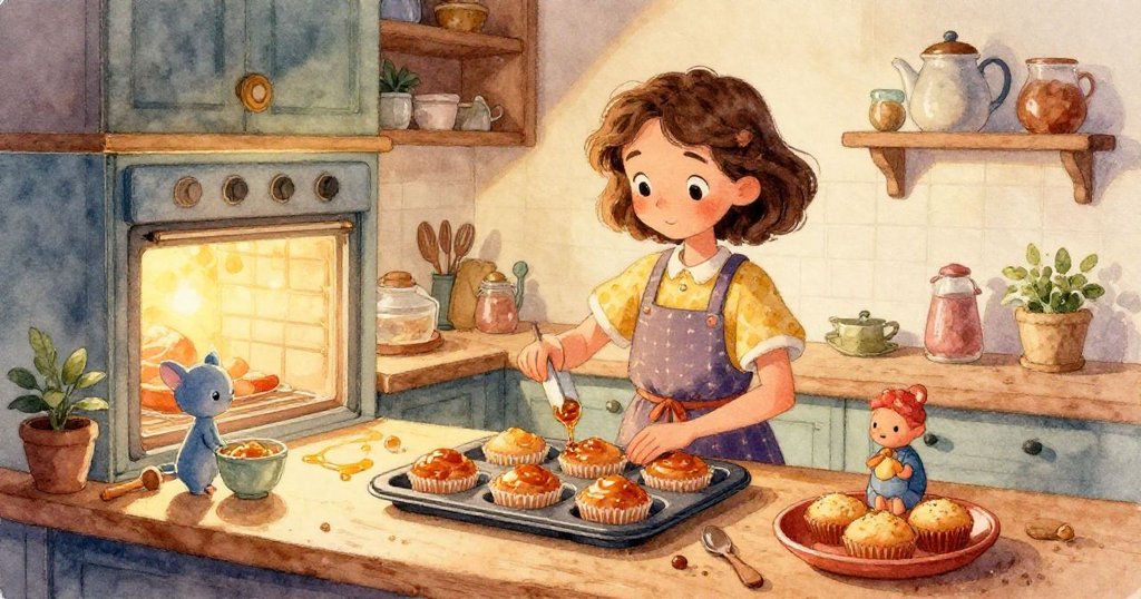 索菲亞的手在攪拌碗中蜜糖，木勺細節豐富，廚房充滿溫馨質感，故事逐漸展開。