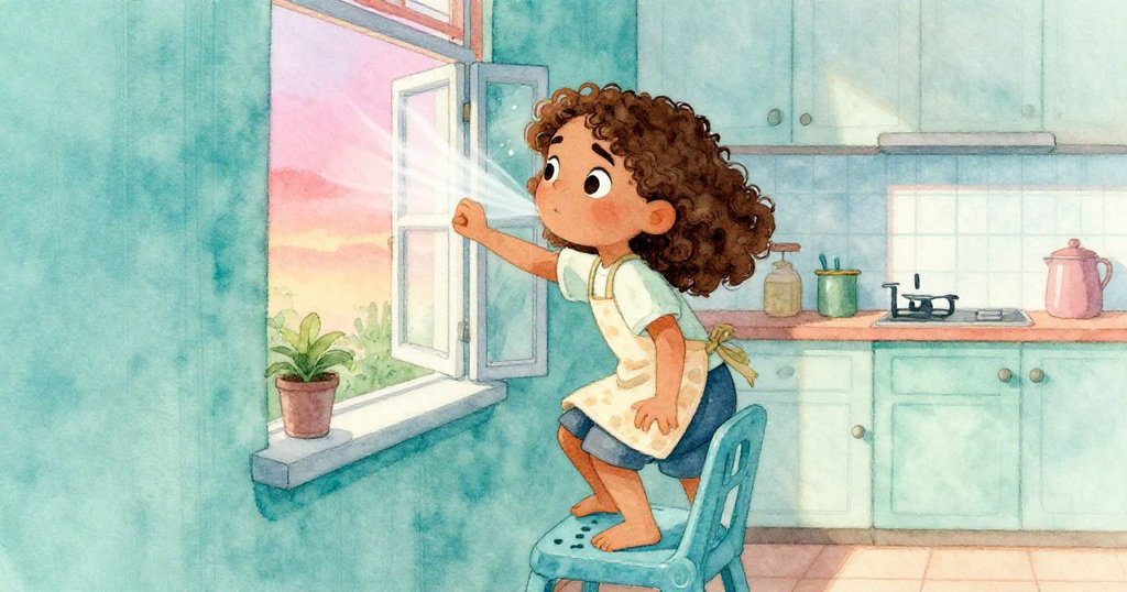 索菲亞站在塑料加高座上推開狹窄窗戶，冷風入室，時間流轉中展現勇氣與緊張情節。