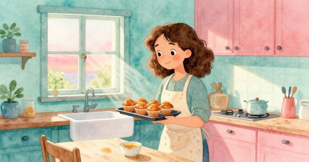 索菲亞滿足地看著完成的蜜糖澆淋麵包，溫馨廚房、開窗微風營造寧靜結局，故事落幕。