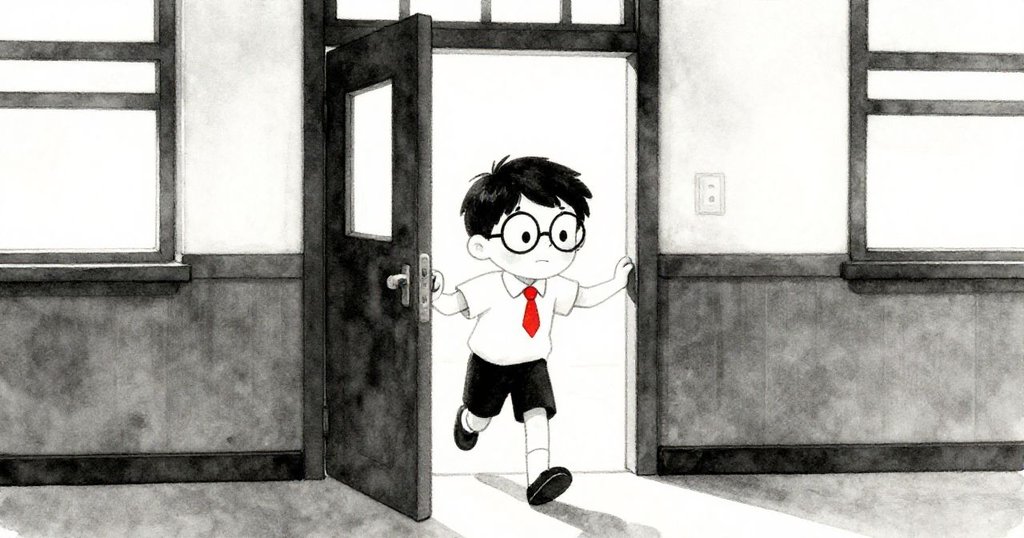 Riley穿著校服從開著的教室大門進入,神情期待充滿幹勁,走廊背景簡潔且帶有紅色點綴,充滿未來希望。