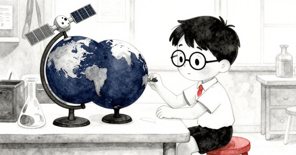 Riley在教室桌前仔細檢查他製作的科學模型,桌上擺有藍色泡棉地球儀和破損的紙板衛星,專注神情中透露著期待與緊張。