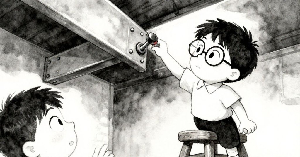 Riley站在木凳上勇敢地將釘子推向天花板,背景中金屬橫梁和飛揚的粉筆灰以扭曲視角呈現,表情專注且帶一絲緊張。