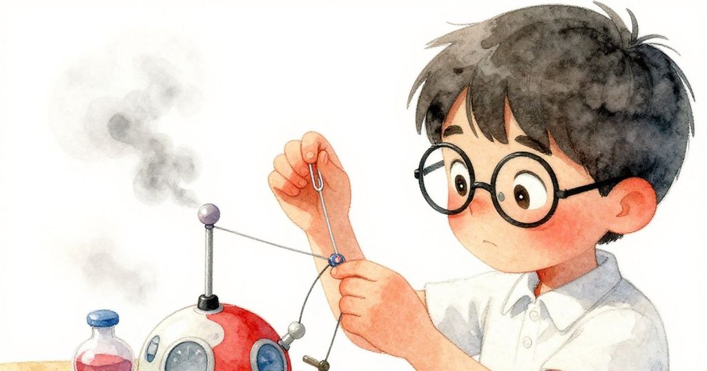 Riley專注地用備用繩子和紙夾修復彎曲的天線,雙手靈巧動作,臉上充滿創意思考與解題決心,背景略微模糊。