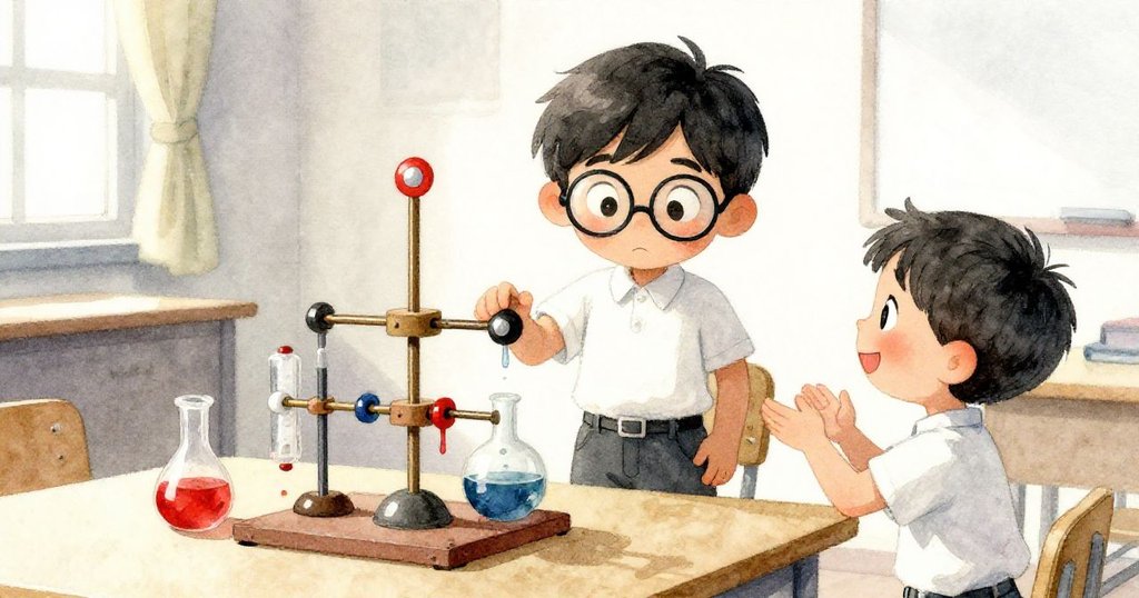 Riley站在穩固運轉的科學模型前,臉上滿是自豪笑容,一位同學走近送上鼓勵,教室燈光溫暖明亮,充滿成功喜悅。