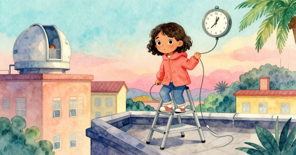 Camille站在學校天台，手持摺疊梯，期待展示夜晚科研的開始，背景有觀景塔與倒數鐘。