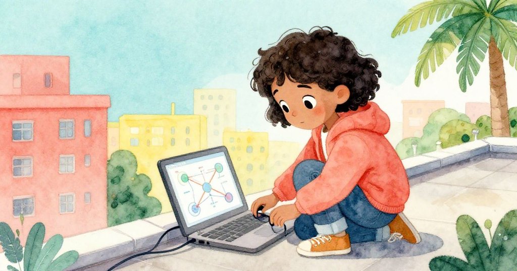 Camille在天台調整器材，手握同軸纜線，電腦上顯示網路拓撲圖，充滿專注期待。