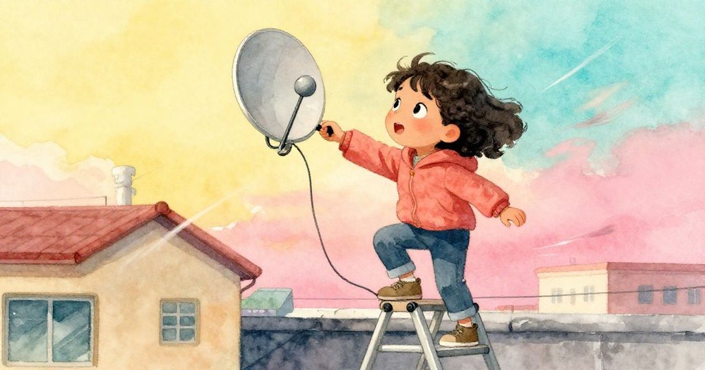 Camille在搖擺風中調整小天線，面露專注與一絲緊張，纜線與梯子互動生動。