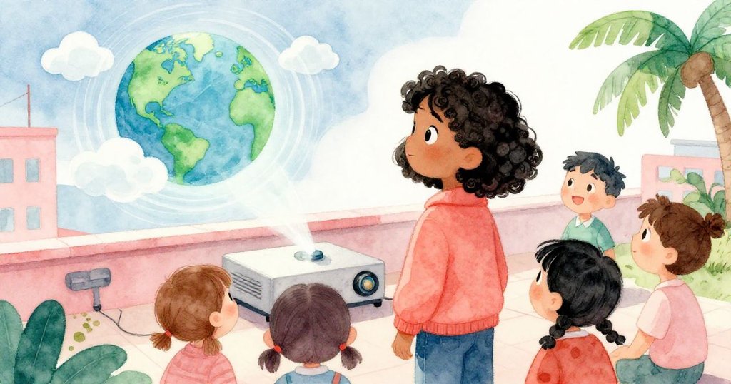 班級同學聚集天台，圍著投影機觀看衛星雲圖，Camille與器材散發神秘科技光芒。