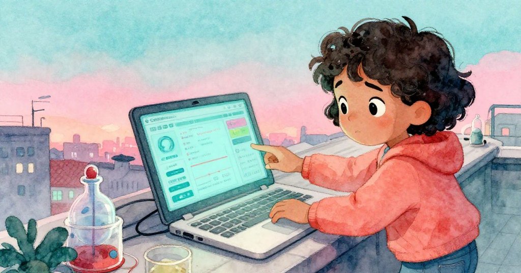 Camille眼神堅定，近距離調整頻率，電腦螢幕上數據閃爍，科研緊張與喜悅交織。