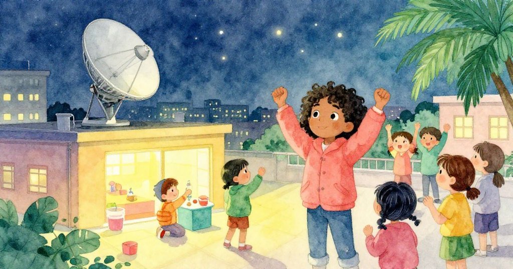 回到穩定天台系統，Camille與同學共享成功瞬間，城市燈光映襯下的器材充滿溫馨氛圍。