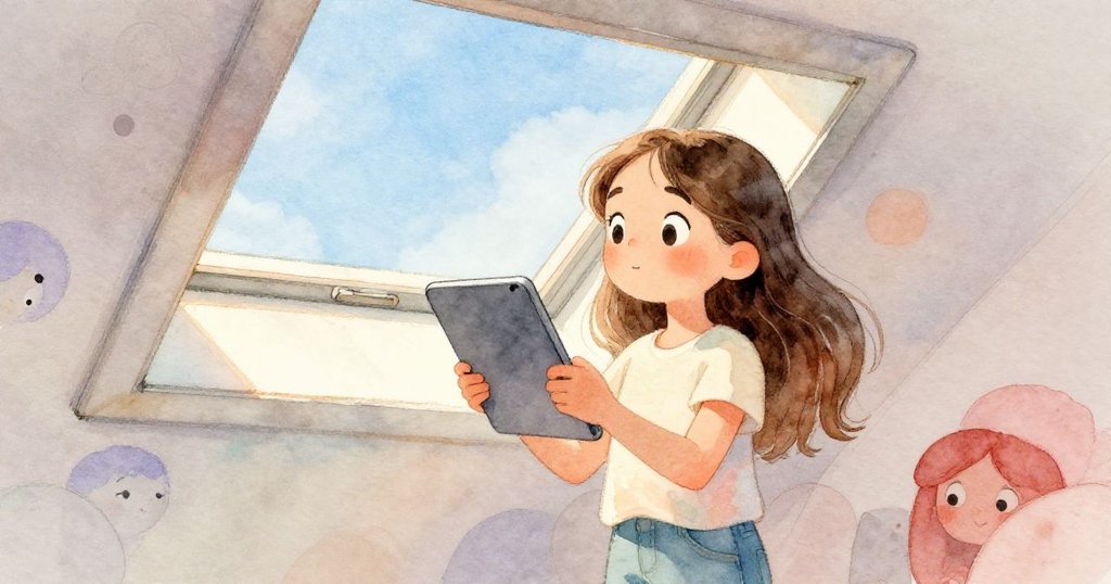 Leah在明亮天窗下舉起平板,調整角度迎接外面藍天的信號,臉上流露出堅定與期待的光芒。