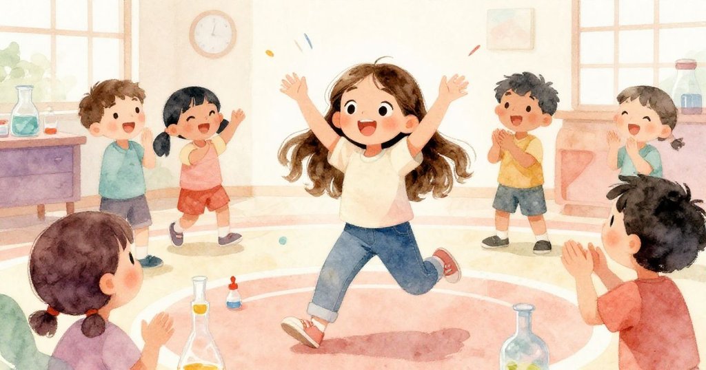 當平板上呈現出操場清晰影像時,Leah滿懷激動大聲歡呼,周圍學生踴躍鼓掌,現場氛圍充滿快樂與動感。