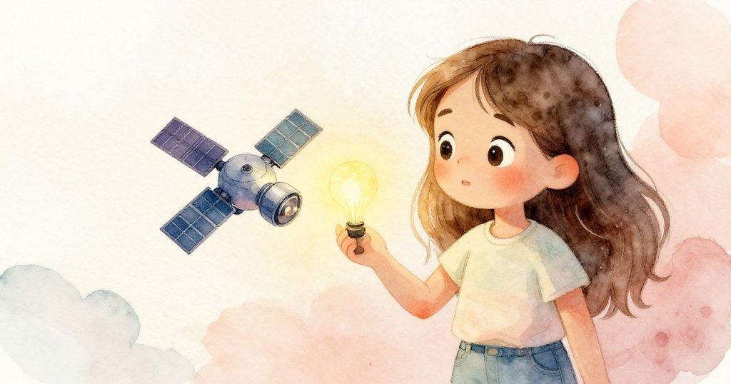 最終,微型衛星穩放於支架上,Leah滿懷成就凝視,柔和燈光映出夢想實現後的溫馨與靜謐。