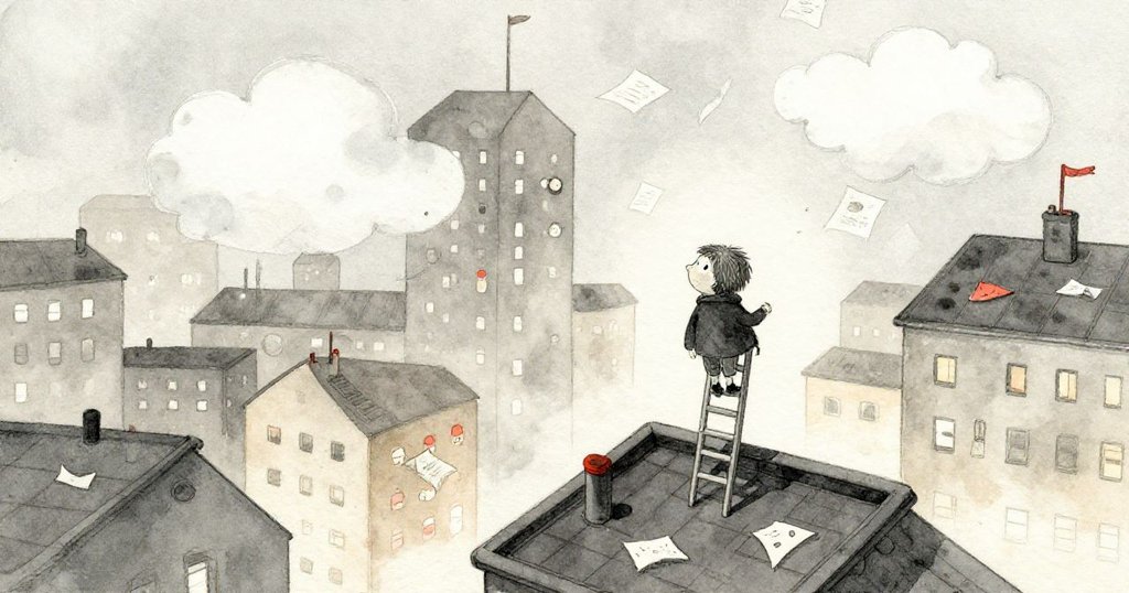 羅賓在夜幕降臨的屋頂上爬梯子，城市燈光閃爍，充滿期待地展開他拍攝冒險的序幕。