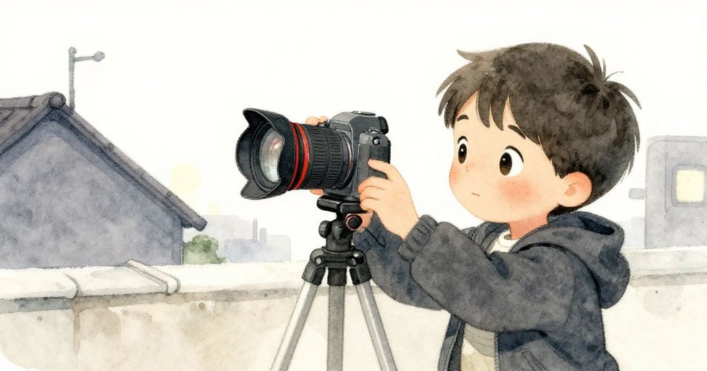 羅賓在屋頂邊緣專注調整相機及腳架，雙手靈巧操作，展現冒險起步中的堅定決心。