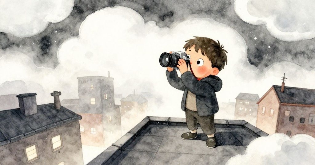 透過魚眼鏡頭看見朦朧雲霧中，羅賓調整相機呈現出夜空變幻，流露出些許焦慮與堅定。