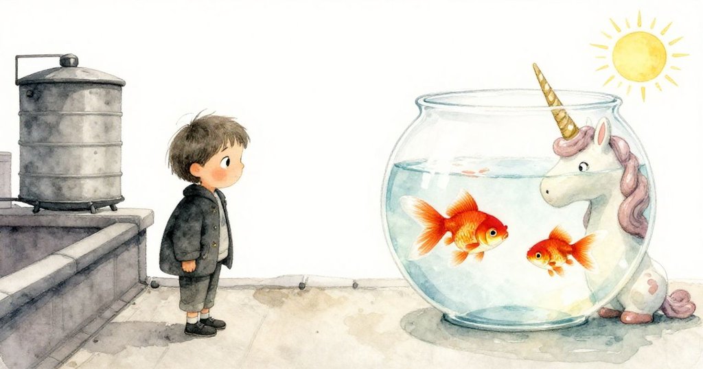 羅賓在屋頂邊注視金魚碗內金魚與陶瓷獨角獸的倒影，現實與幻想交融，露出驚奇微笑。