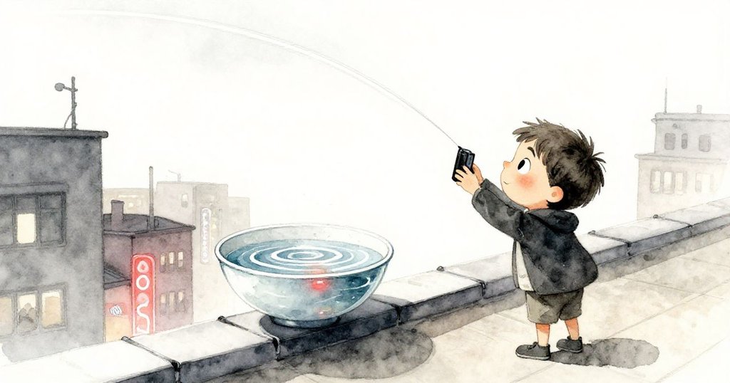 羅賓在屋頂上捕捉流星劃過與水波動感軌跡，他興奮按下快門，展現追逐成功瞬間的喜悅。