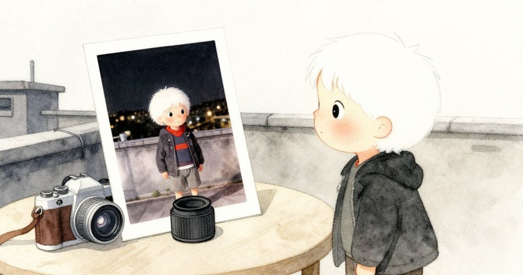 屋頂桌上擺放著完成的照片與冷卻相機，羅賓滿懷滿足靜思，象徵著整個冒險旅程完美的收尾。