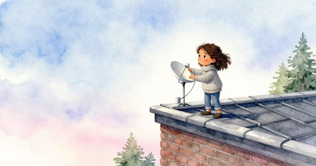 莉娜於火車站屋頂準備擺放接收碟，天空寬闊，磚牆穩固，她表情專注且充滿期待。