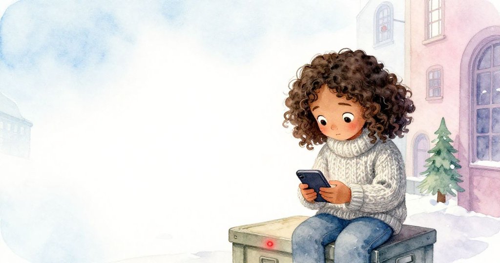 莉娜在空曠屋頂小心擺放手機於木箱上，紅燈閃爍，背景留白突出科技神秘感，氣氛寧靜。