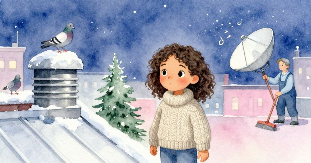 莉娜遠處操作接收碟，屋頂通風口上鴿子和下方清潔工靜止傾聽神秘旋律，場景充滿隱秘氛圍。