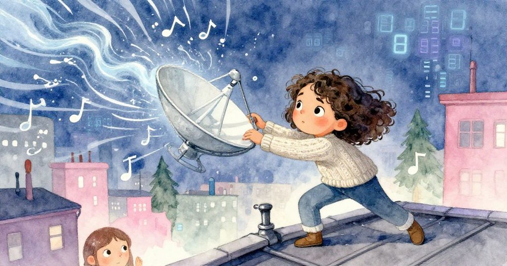 莉娜在屋頂努力調整不穩接收碟，耳機傳來神秘笛聲和數字，她表情緊張而堅定，氣氛充滿挑戰。