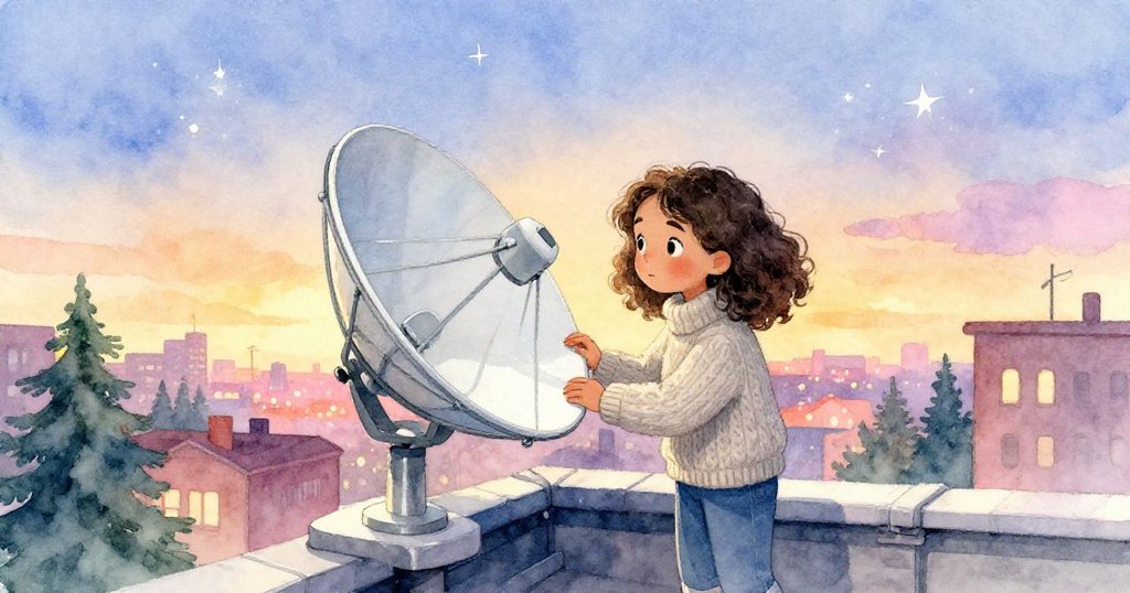 莉娜在溫暖夕陽下收起接收碟並關閉屋頂入口，星光閃爍陪伴著她，場景溫馨寧靜，結束夜晚。