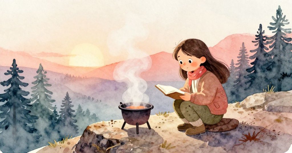 Jade蹲在山嶺露營爐旁,畫冊在膝上,夕陽映照黑松,神情專注捕捉自然景色。