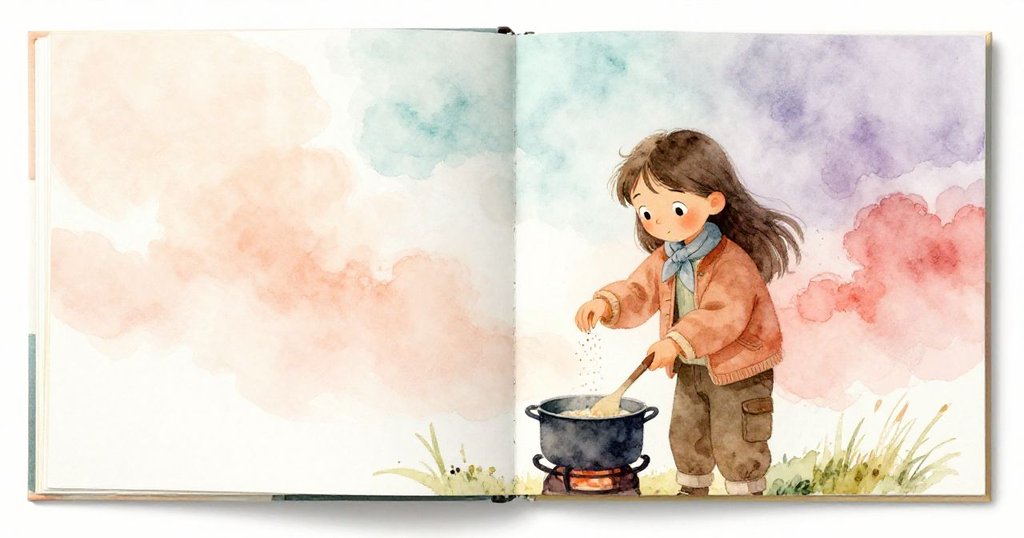 Jade在露營爐旁認真調味,畫冊記錄天空色彩,背景隱現遠山與暖光,動作細膩自然。