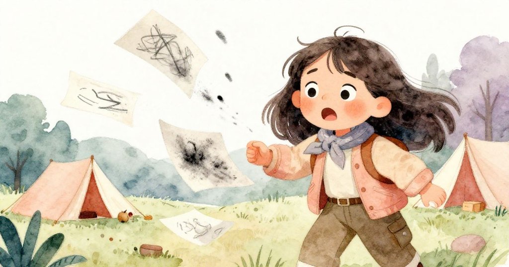 Jade面露驚訝與堅定,伸手抓住被風吹起的畫冊頁,炭筆線條模糊,背景露營場景朦朧。