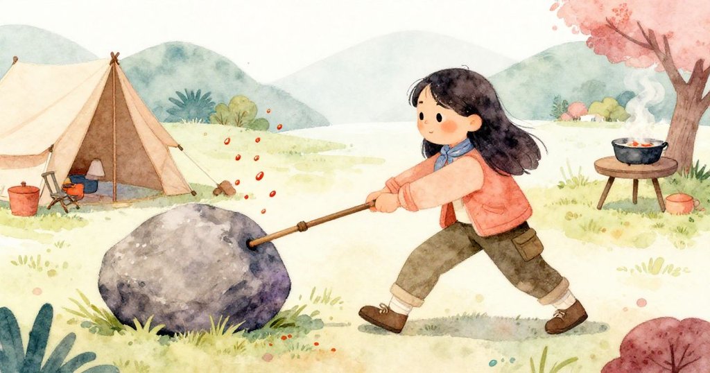 Jade努力搬動大石頭固定畫冊,湯滴隨風落下於創作上,畫面角度獨特,露營場景動感十足。