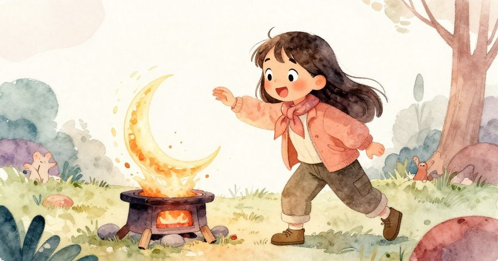 Jade露出驚喜創意之笑,迅速描繪湯汁劃出的完美弧線,背景露營鍋與畫冊營造溫馨動感。