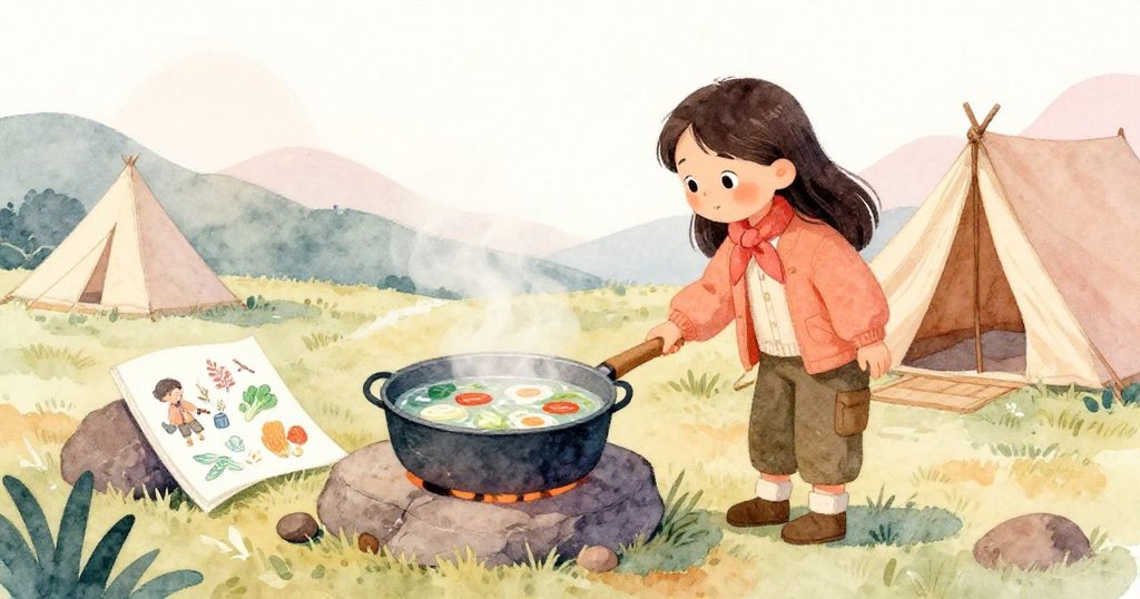 Jade平靜關閉火苗,注視蔬菜湯中循環,完成畫作靜臥於石上,露營夜晚充滿溫馨與寧靜。