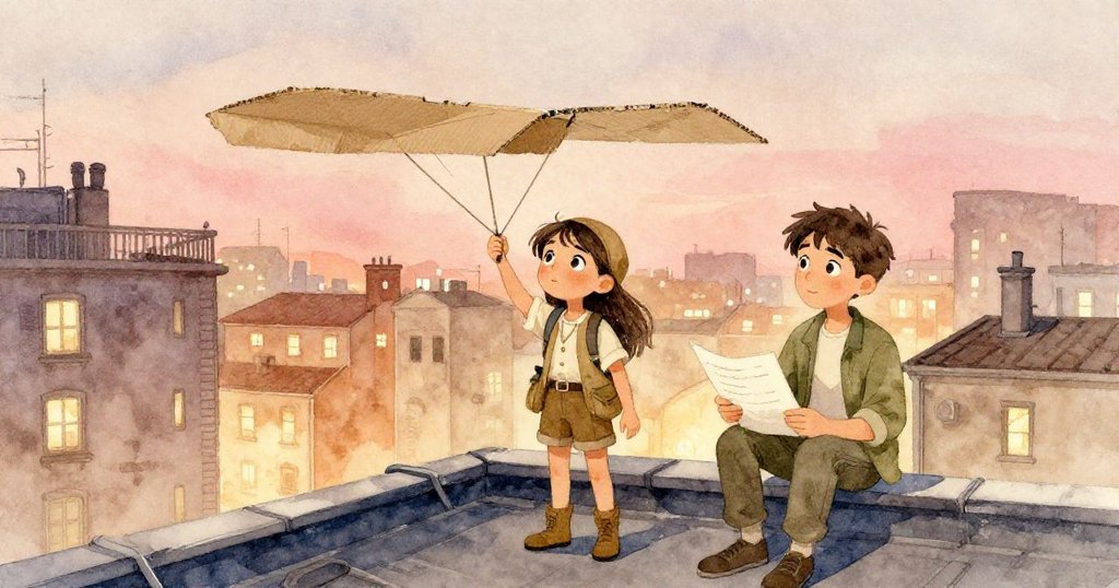 Mira穩握紙板滑翔機,Lucas記錄發明,夕陽灑在舊公寓頂上,兩人滿懷創意與期待,城市背景燦爛。