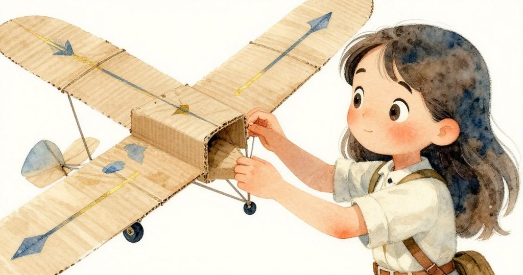 Mira專注檢查紙板滑翔機翅膀,細節中展現墨箭圖案,手指輕觸滑翔機,散發出探索與創新的氛圍。