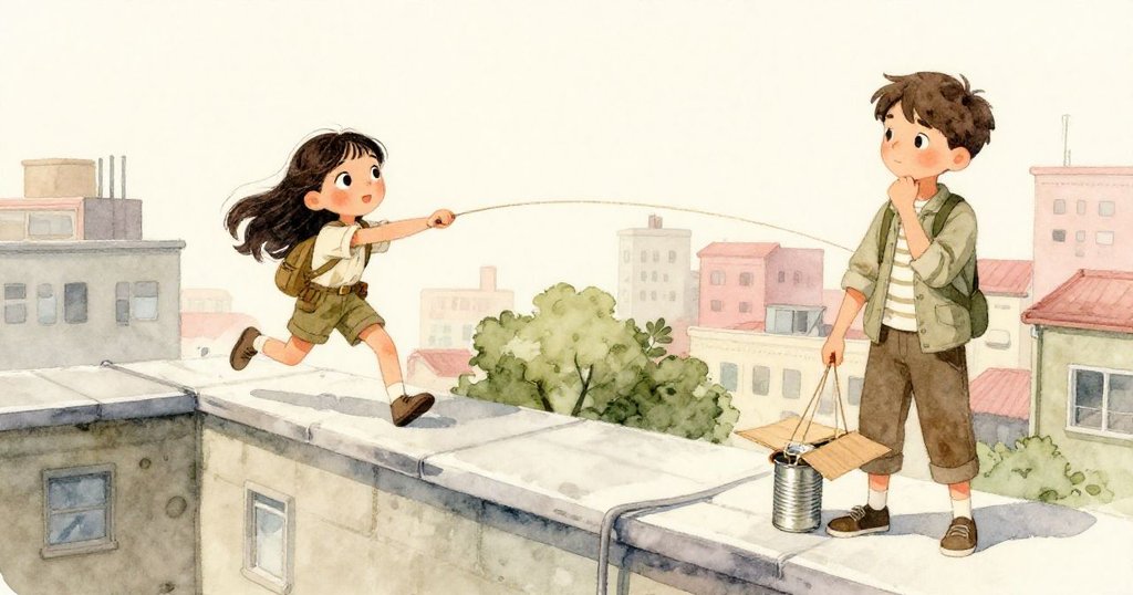 Mira在屋頂邊緣拉繩發射滑翔機,Lucas用錫罐幫助穩定機頭,兩人緊張合力,夕陽映照,充滿活力。